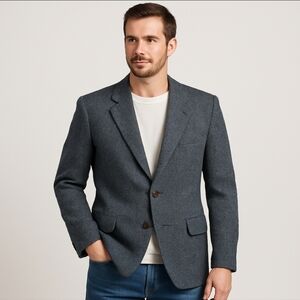 Harris Tweed Handwoven Scottish Wool Blazer 44R Leishman Gray Herringbone Union